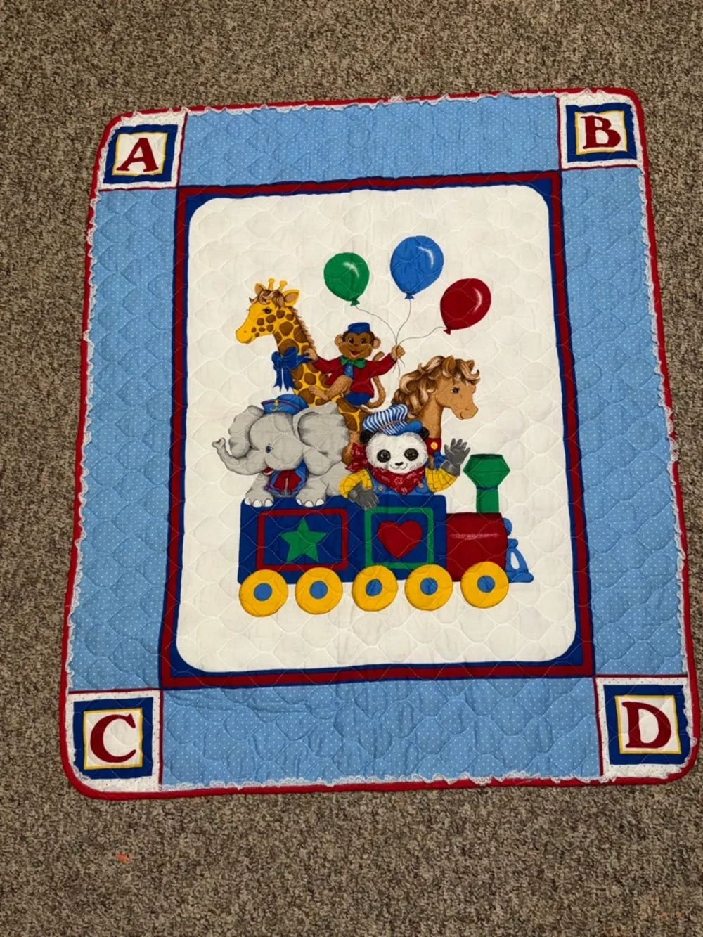 Vintage Children's Light Blue Train Animal baby toddler Quilt bedding‎ crib